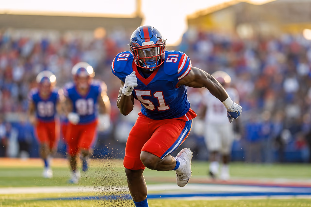 College Football Linebacker Making a Tackle on the Field
