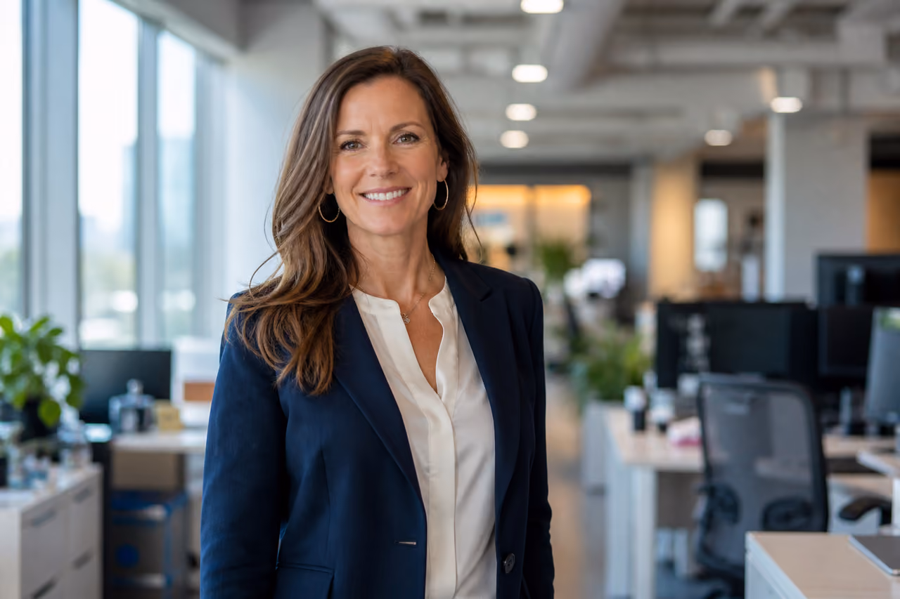 Professional Woman Standing in a Modern Corporate Office