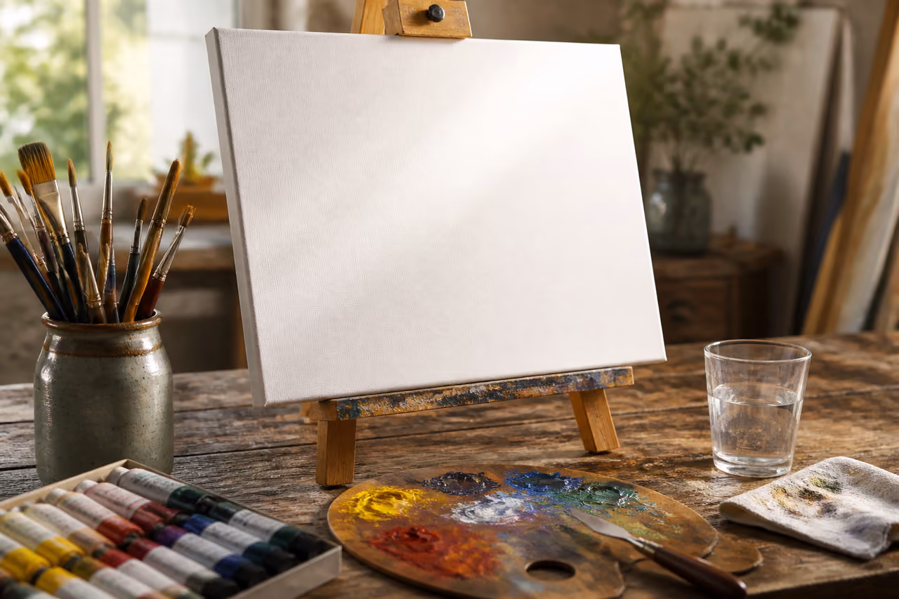 Art Supplies and Blank Canvas on a Wooden Easel
