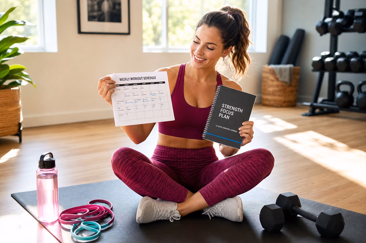 Woman Reviewing Her 8-Week Fitness Transformation Plan in Home Gym