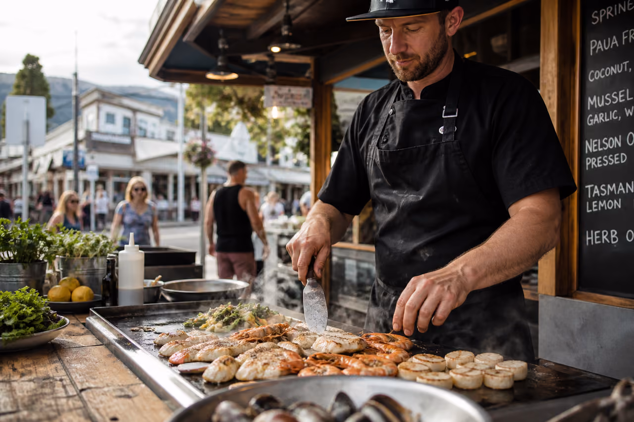 Chef Preparing Fresh Seafood at a Street Kitchen in Nelson