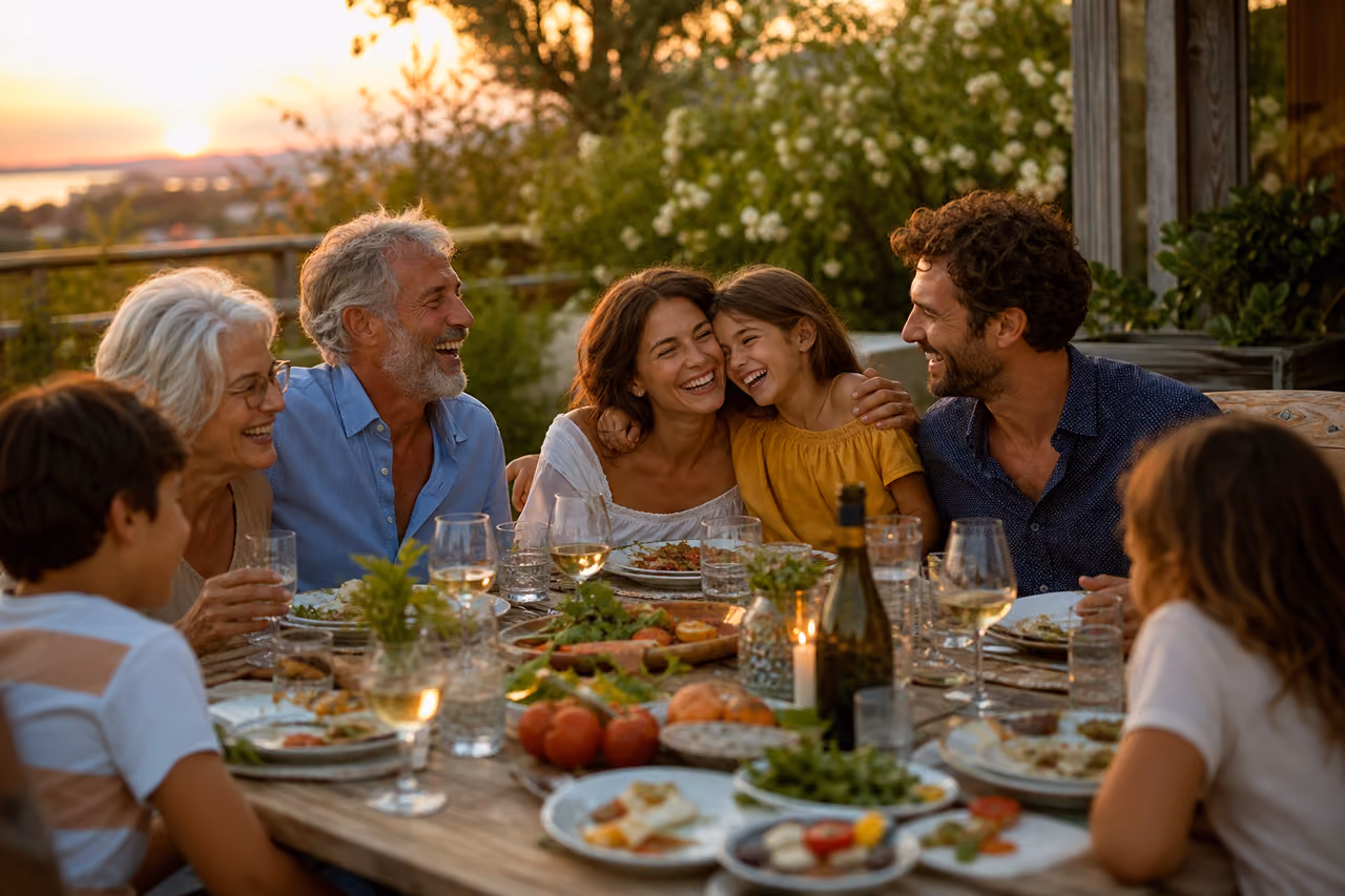 Multi-Generational Family Sharing a Meal During Sunset