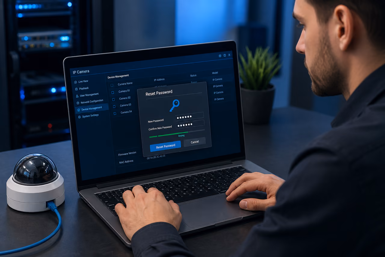 Technician Resetting Security Camera Password on Laptop Screen