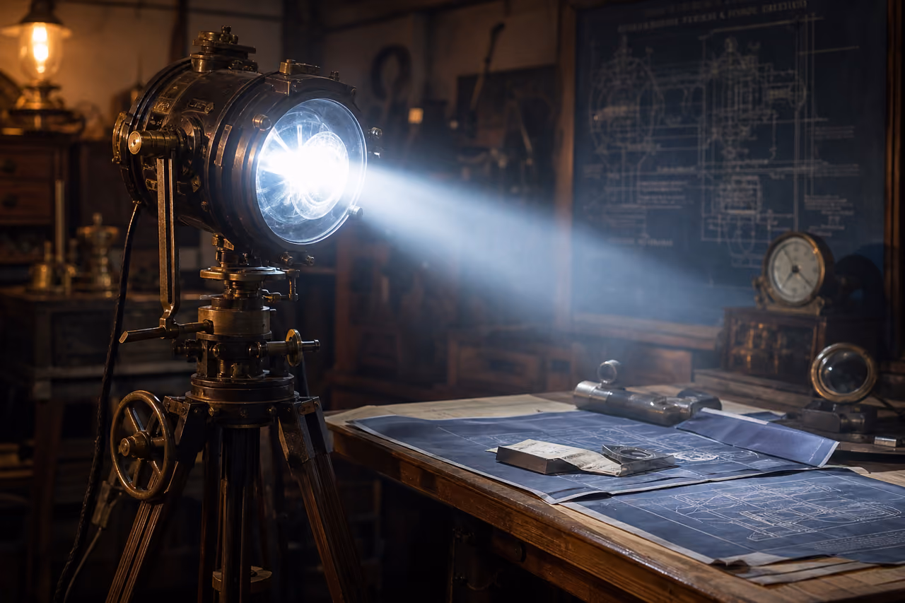 Vintage Arc Light Illuminating Blueprints on a Drafting Table