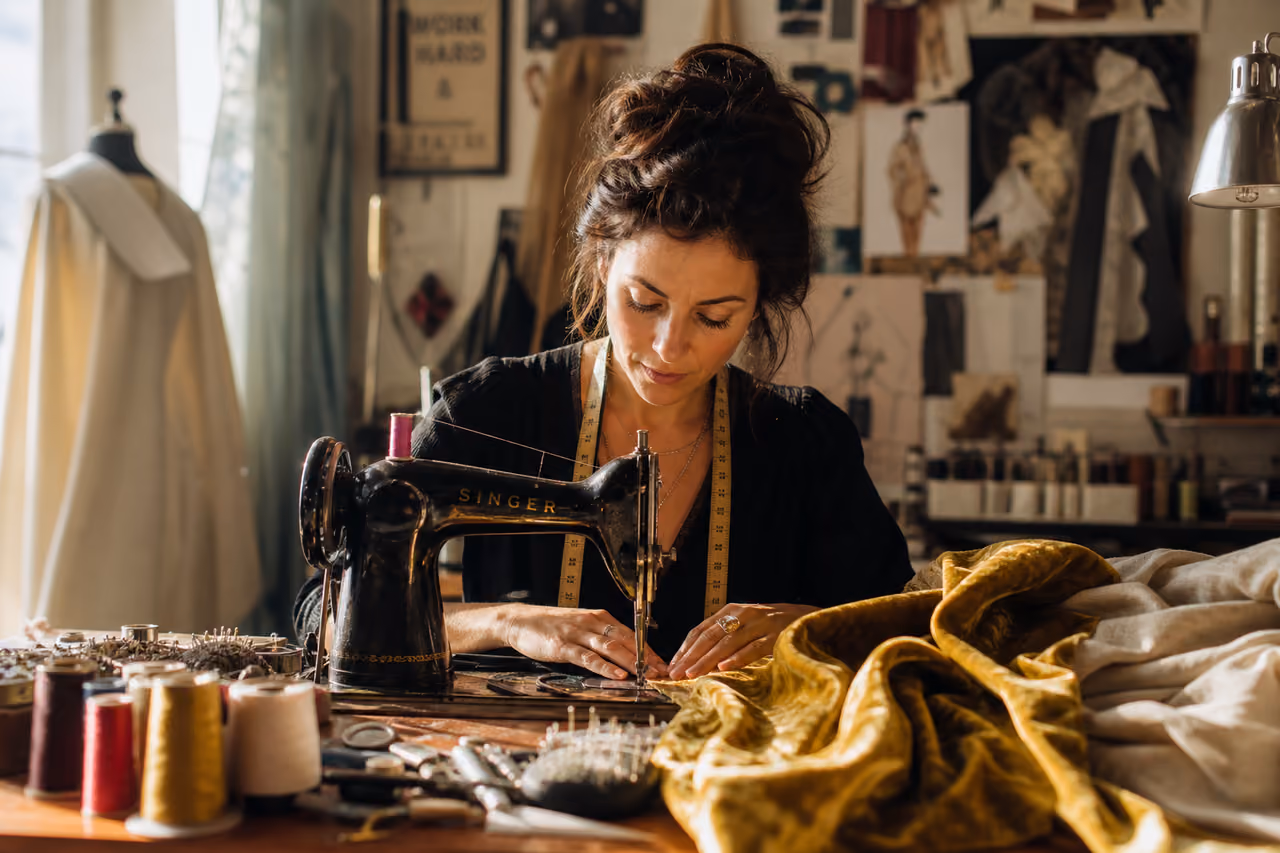 Seamstress Stitching a Garment in a Sunny Studio
