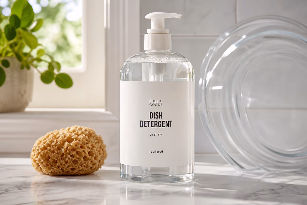 Clear Bottle of Neutral Dish Detergent on Marble Countertop