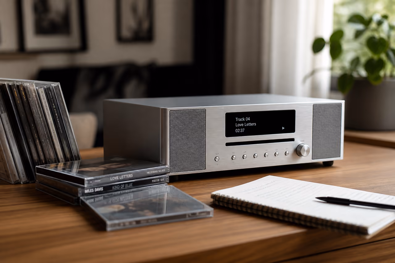 Modern Cd Radio System and Discs on Wooden Table