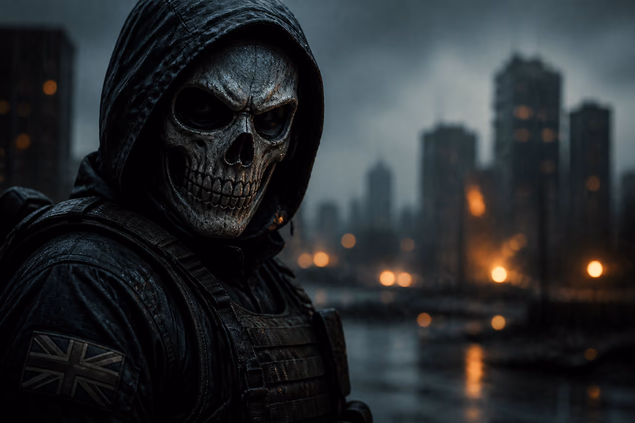 Tactical Soldier Wearing Skull Mask in Rainy Urban Warzone