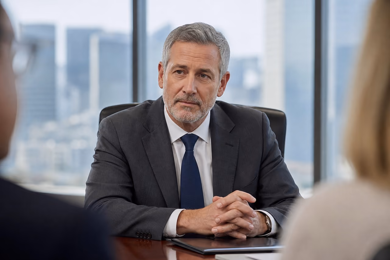 Professional Mediator Leading a Negotiation in a Corporate Office