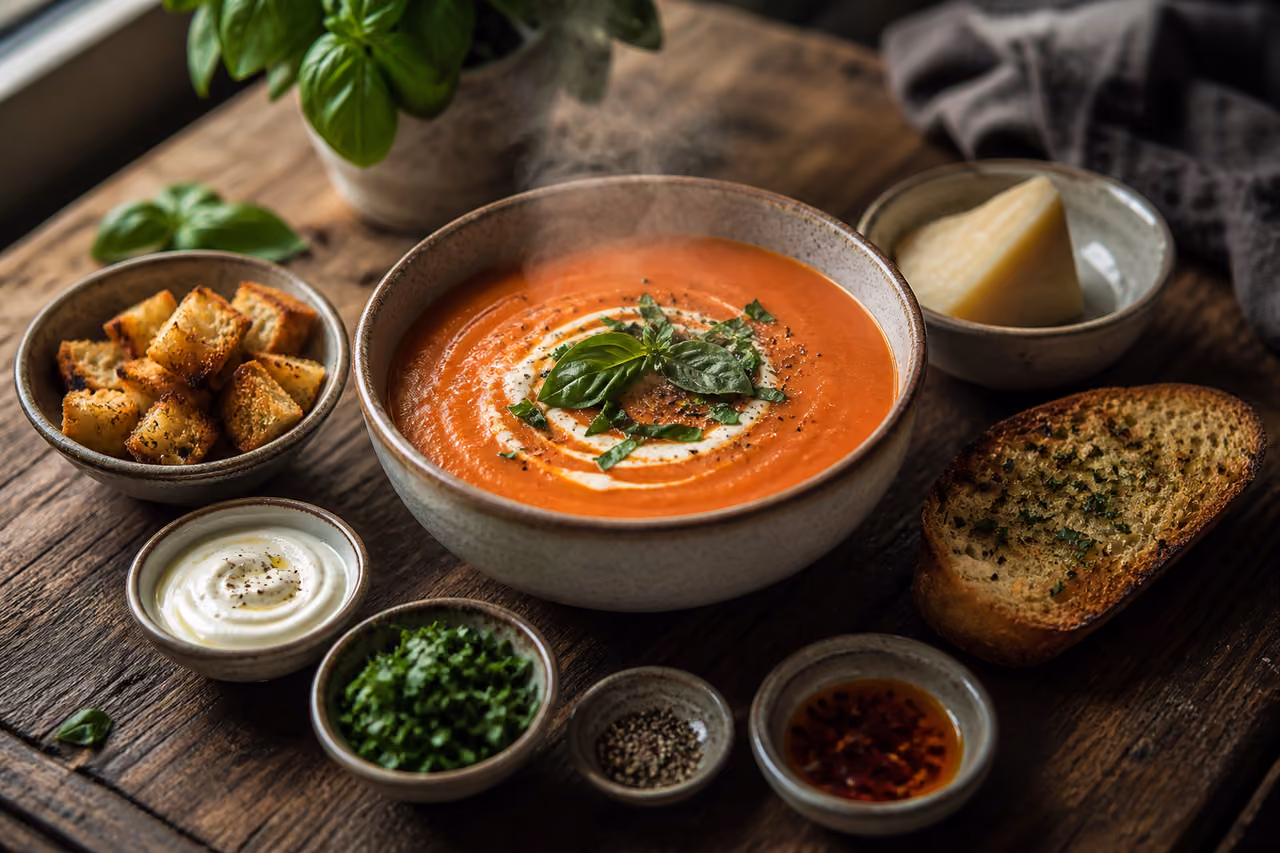 Assorted Soup Garnishes and Accompaniments Around a Creamy Bowl