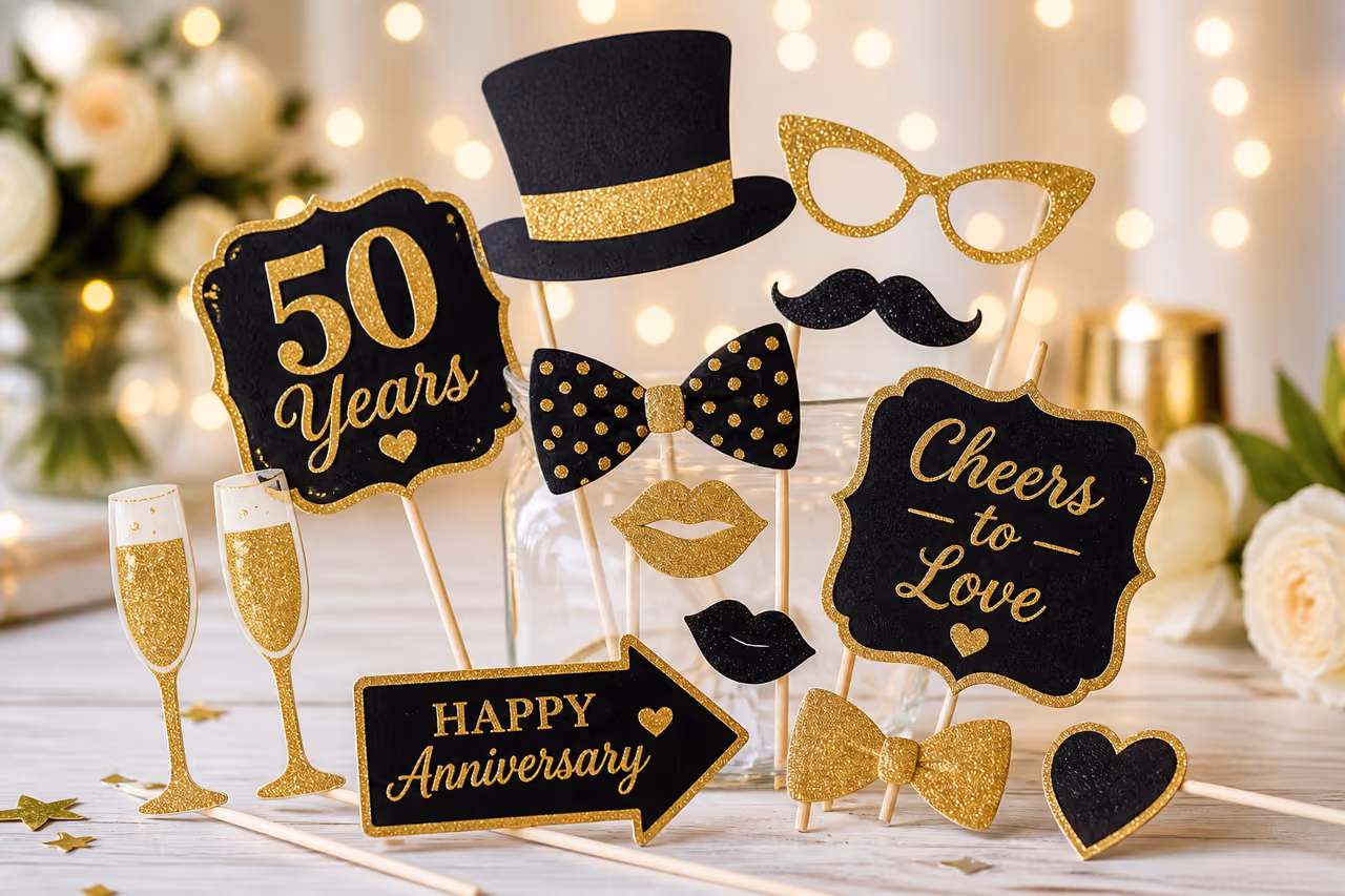 Golden Photo Booth Props Anniversary Set on a Wooden Table