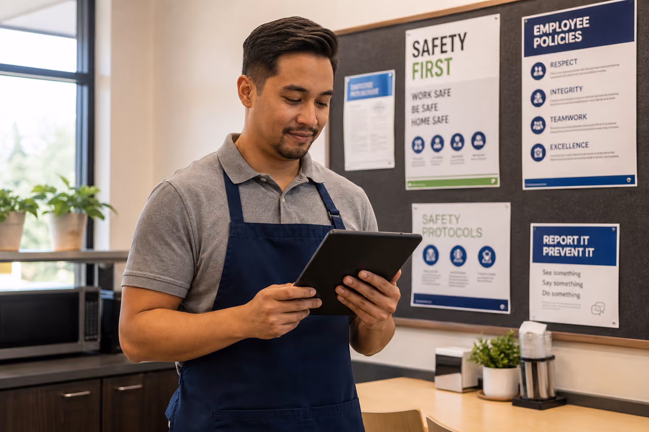 Retail Worker Reviewing Workplace Rules in Employee Breakroom
