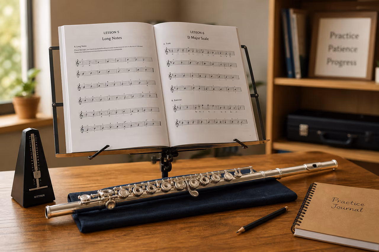 Flute Method Book and Silver Flute on a Music Stand