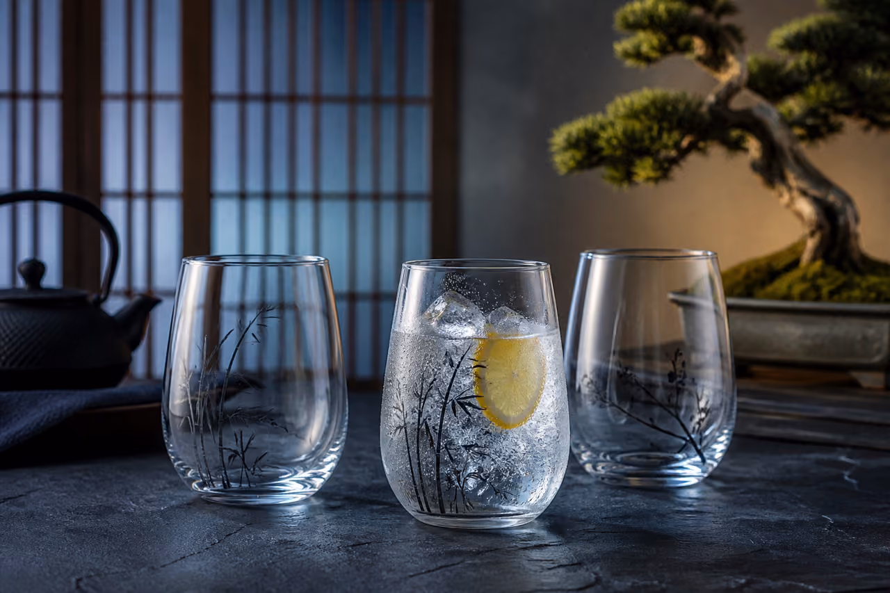 Elegant Glassware Set with Asian Motifs on Slate Table