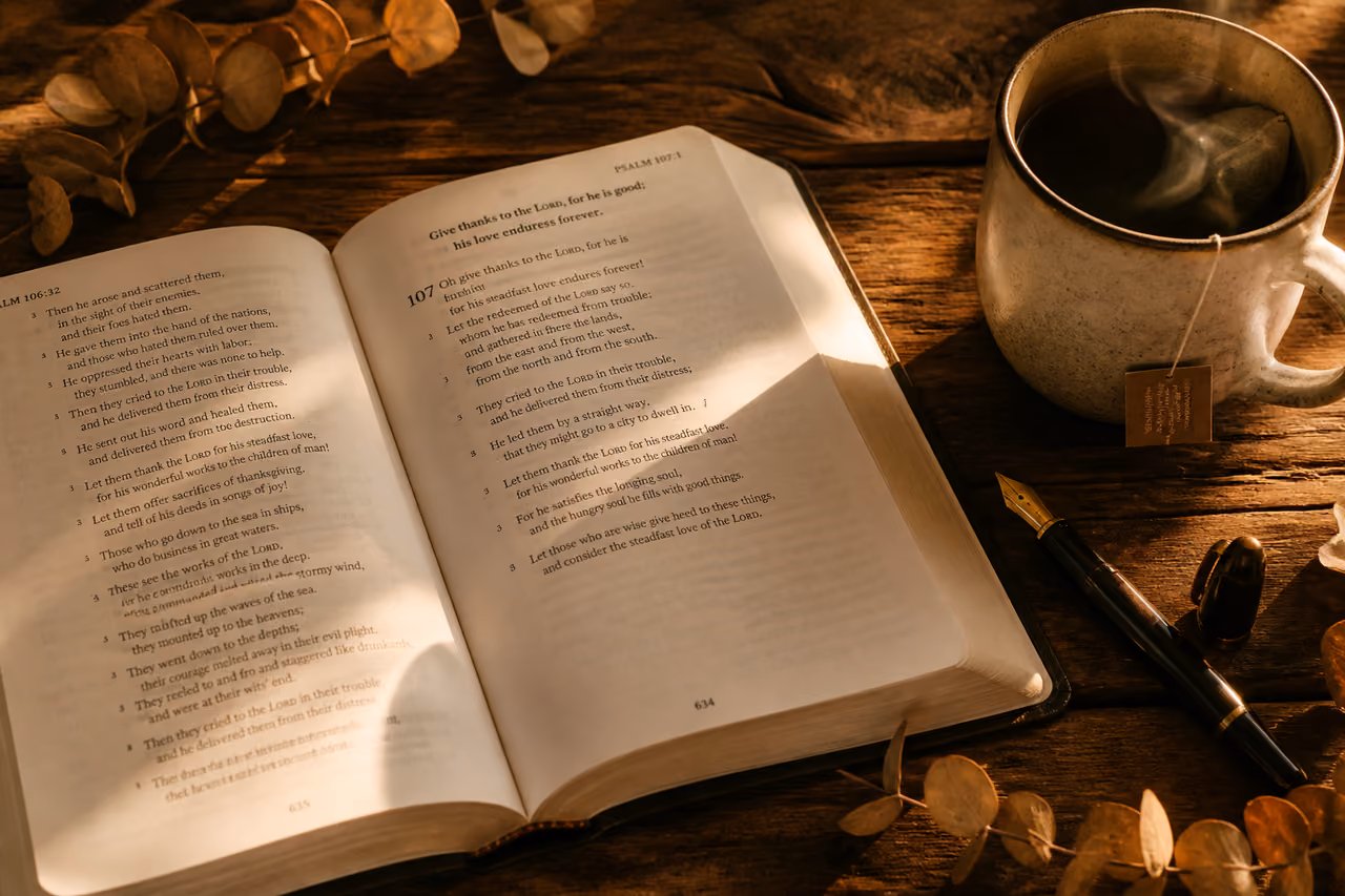 Open Bible with Bible Verses of Thanks and Gratitude on a Wooden Table