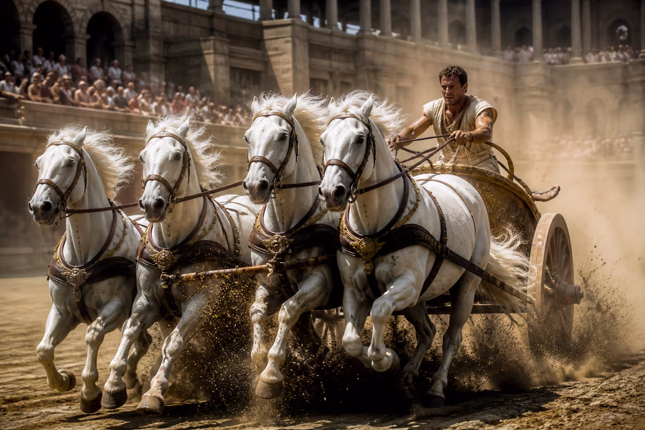 Roman Chariot Driver Racing White Horses in Ancient Arena
