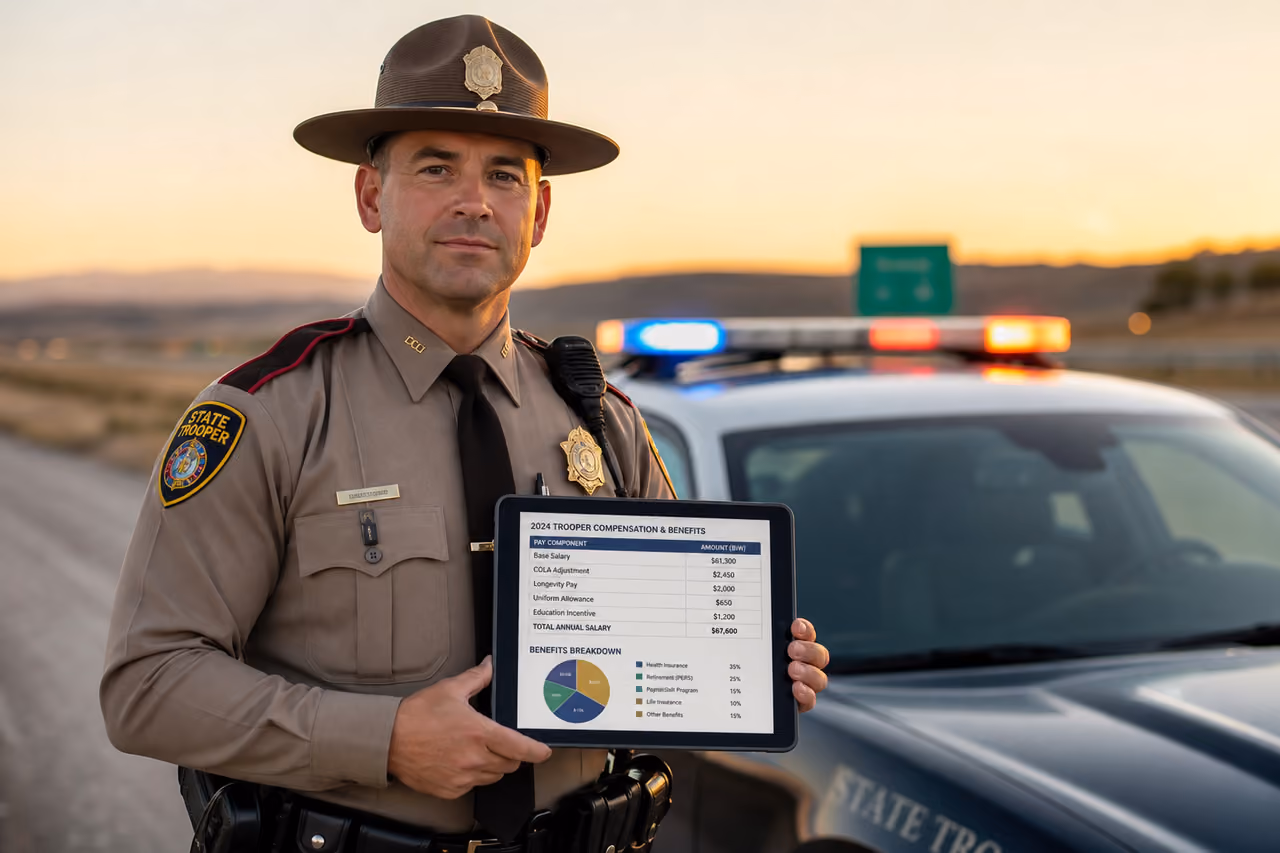 State Trooper Reviewing Salary Data on Tablet by Patrol Car