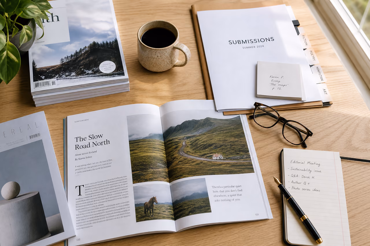 Editorial Magazine Submissions and Layout Proofs on an Editor Desk