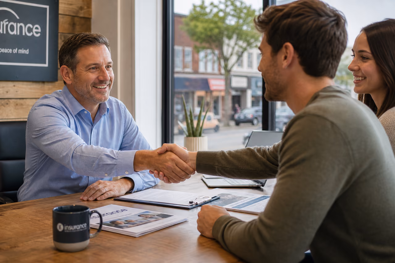 Insurance Agent Shaking Hands with Clients in Lewisburg Office