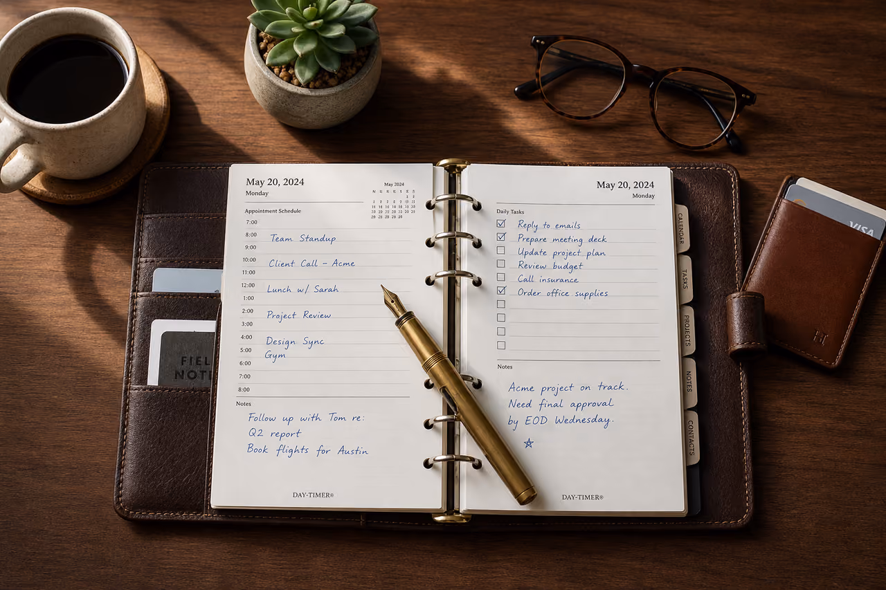 Daytimer Paper Organizer Refill with Pen on Desk