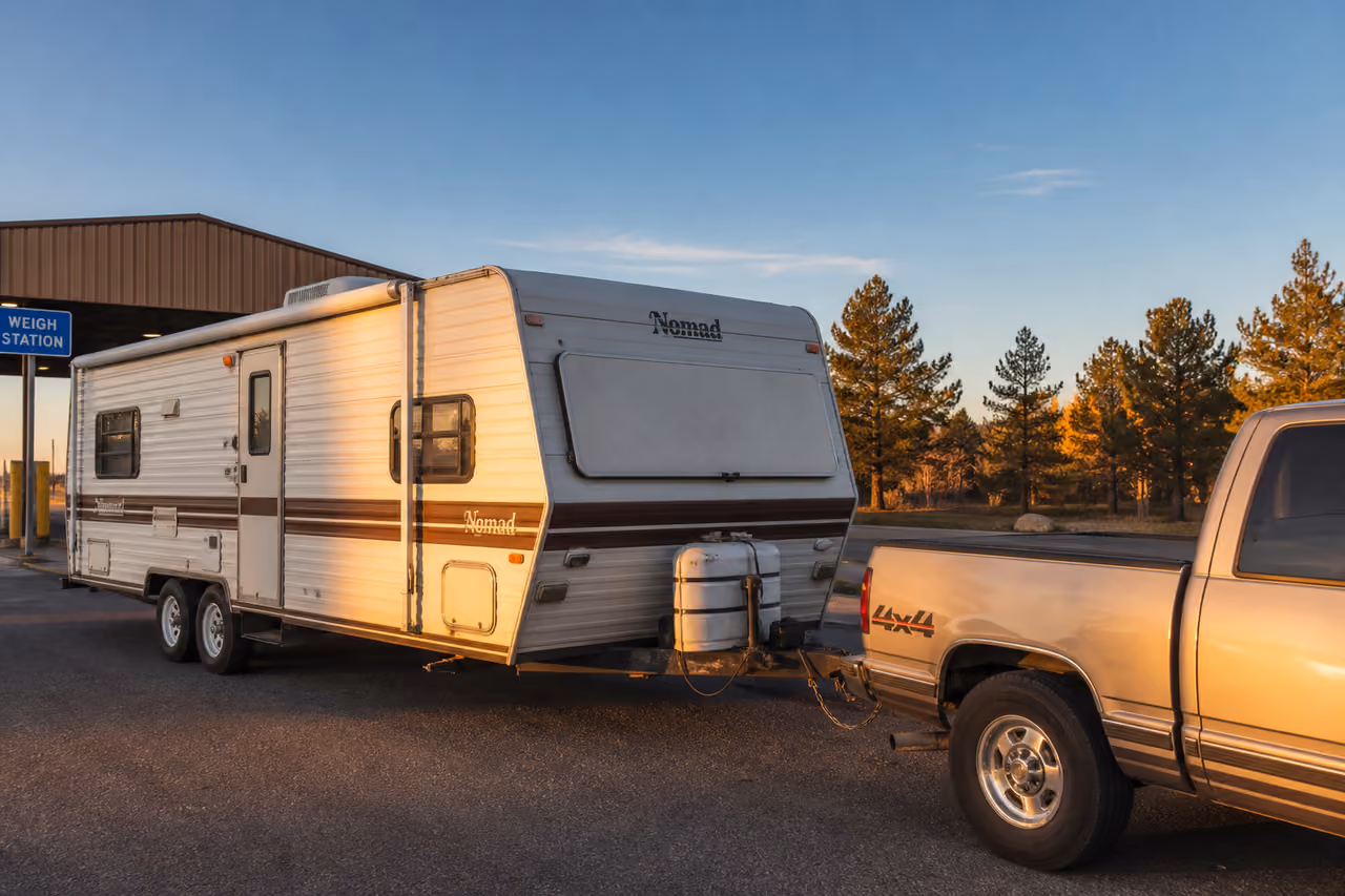 Classic Nomad Travel Trailer Hitched to a Truck for Towing