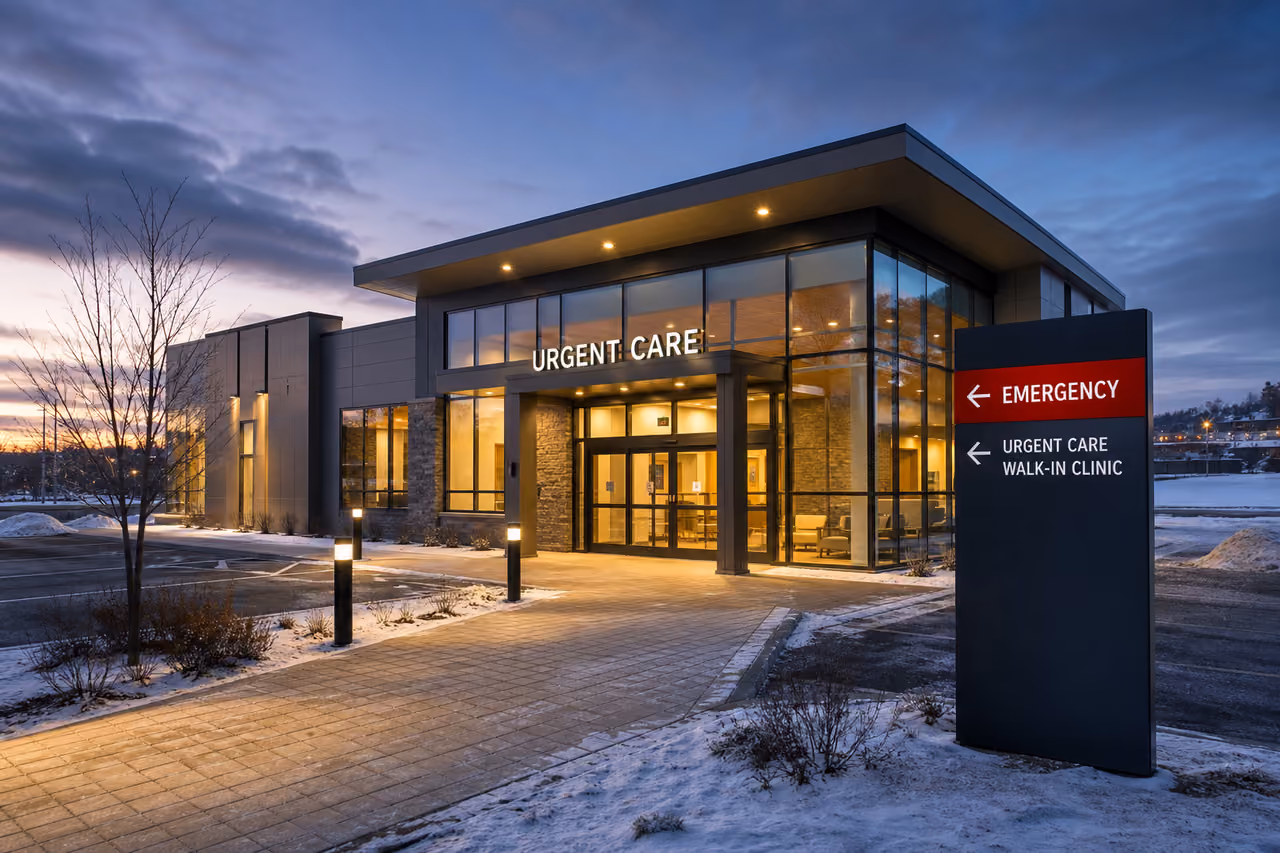 Modern Urgent Care Clinic Exterior in Snowy Winter City