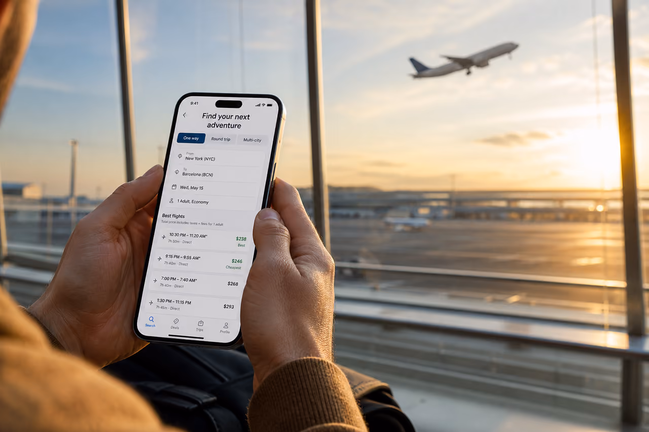 Traveler Searching for Cheap Flights on Smartphone at Airport