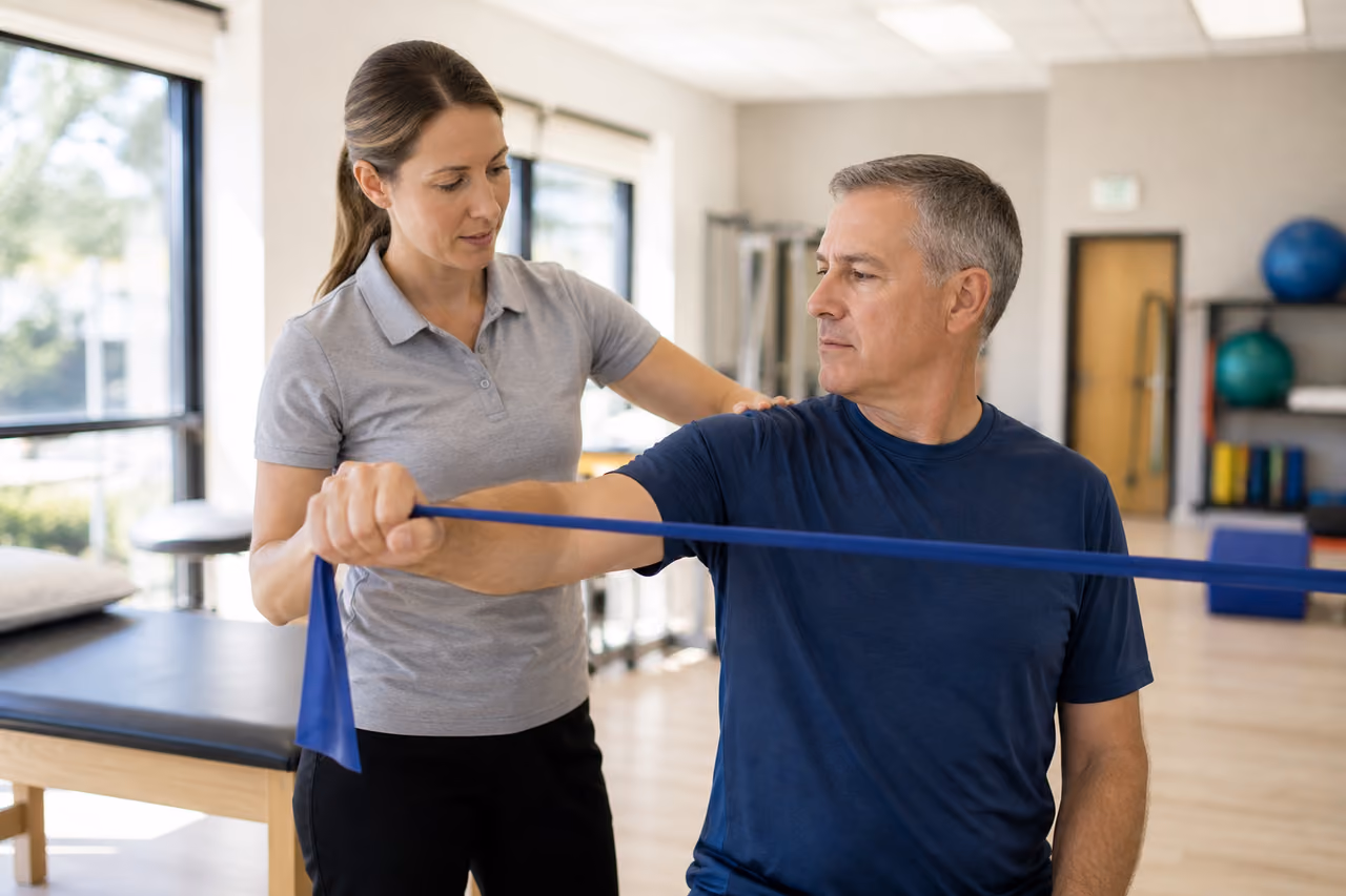 Physical Therapist Guiding Patient Through Shoulder Rehabilitation Exercise