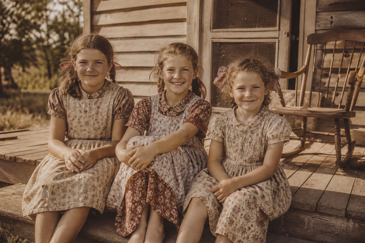 Three Vintage Sisters Sitting on a Rural Farmhouse Porch
