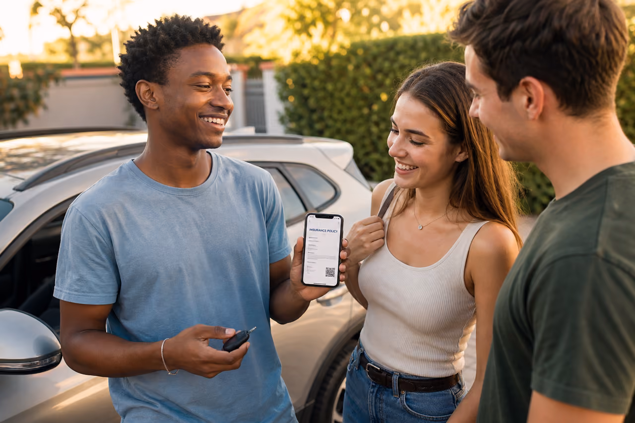 Young Adults Reviewing Motor Insurance Policy by a Compact Car