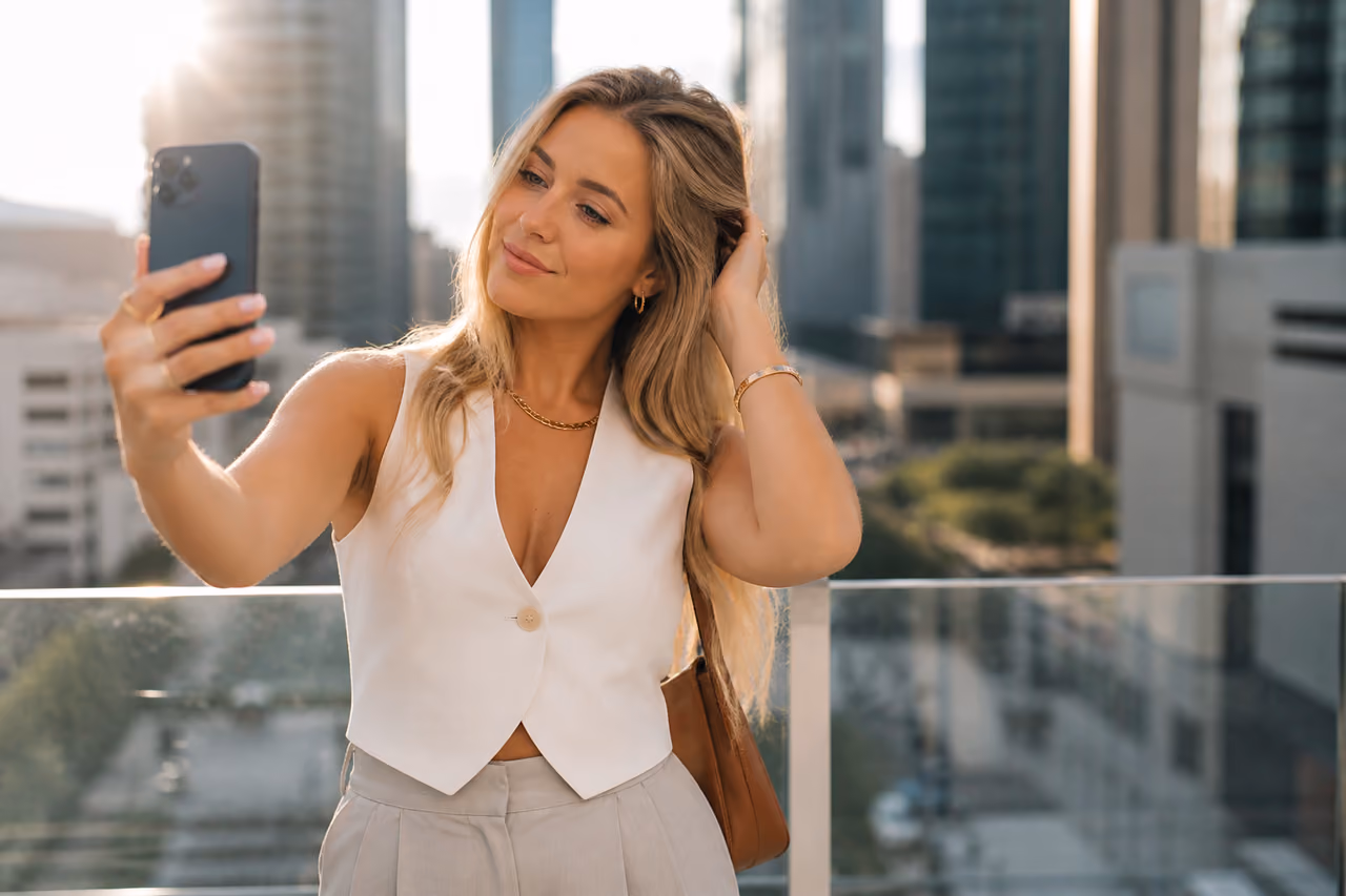 Fashionable Young Woman Posing with Smartphone in Urban Setting