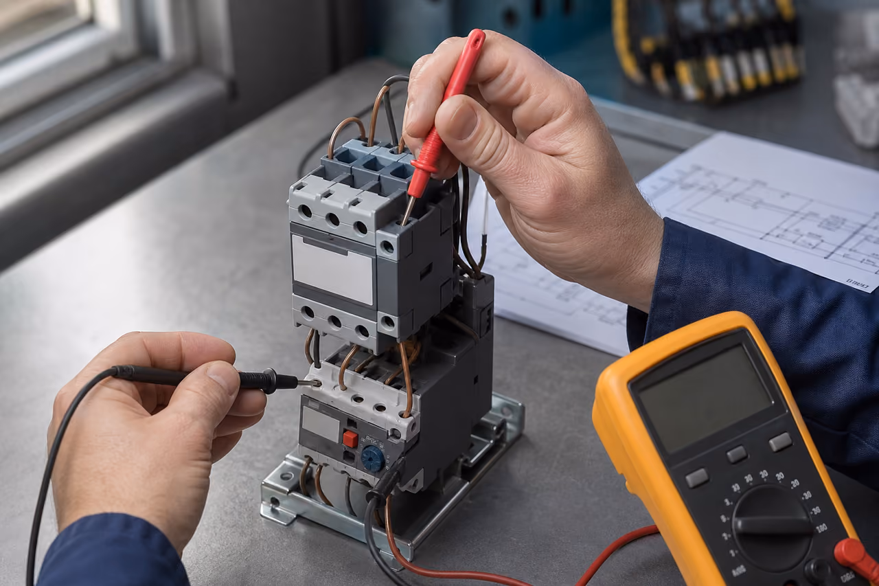 Electrician Sizing a Magnetic Motor Starter on a Workbench