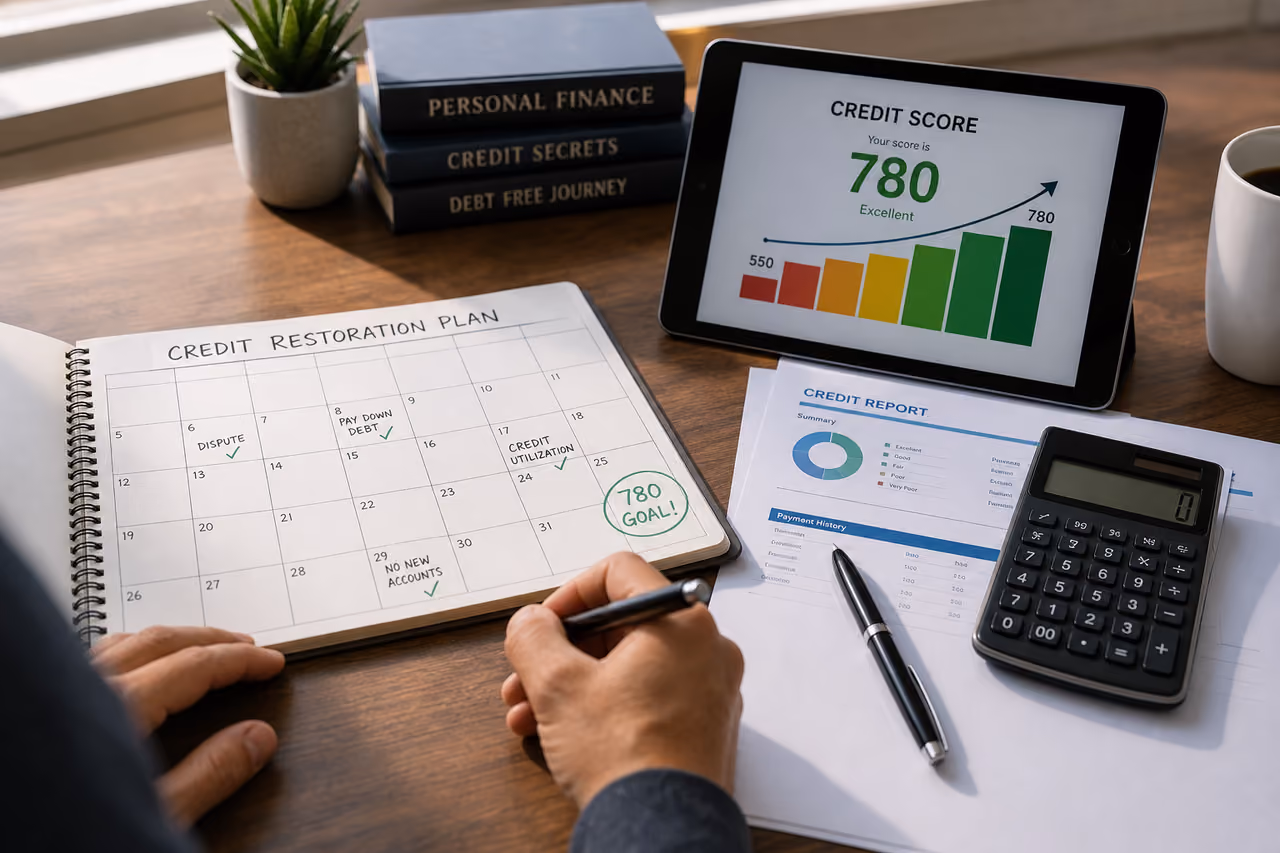Person Reviewing Credit Score Graph and Calendar on Desk