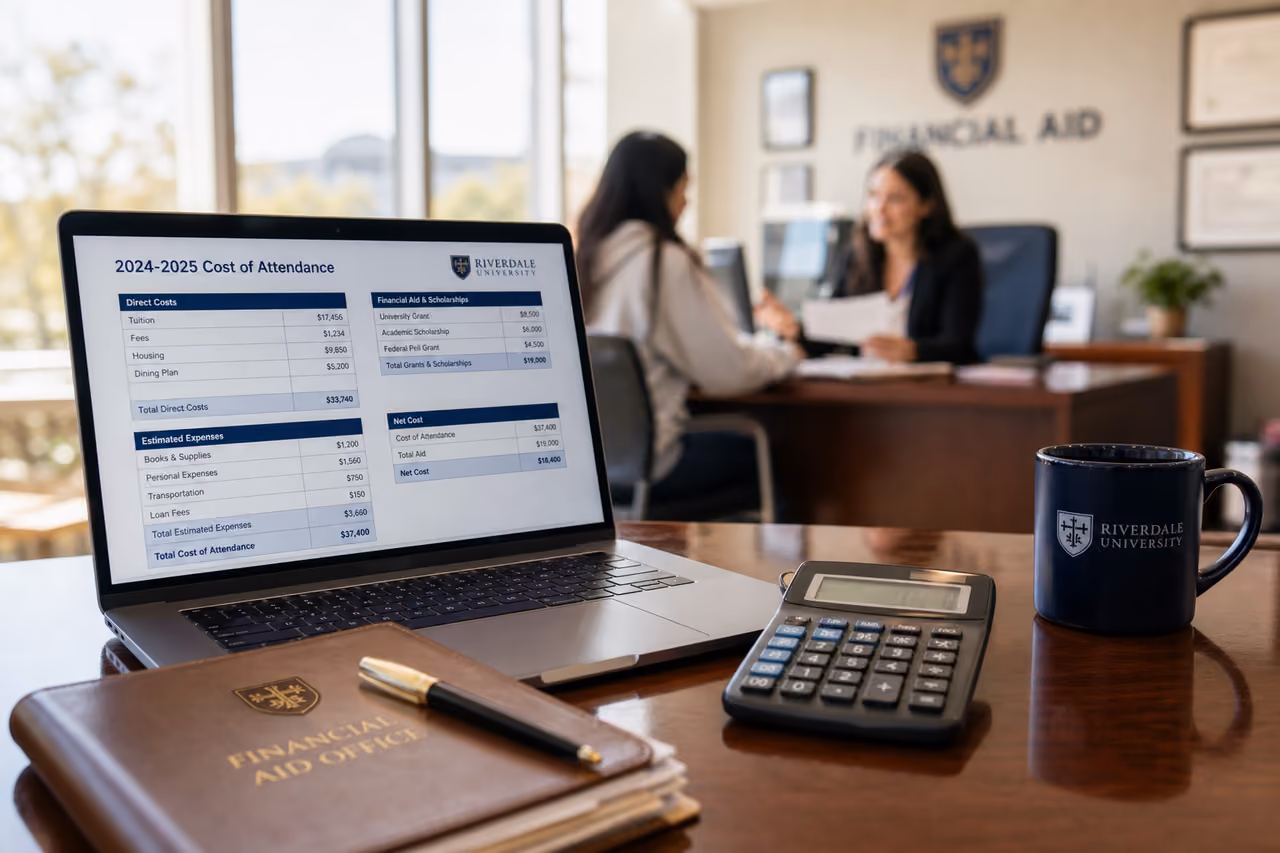 Financial Aid Documents and Calculator on University Office Desk
