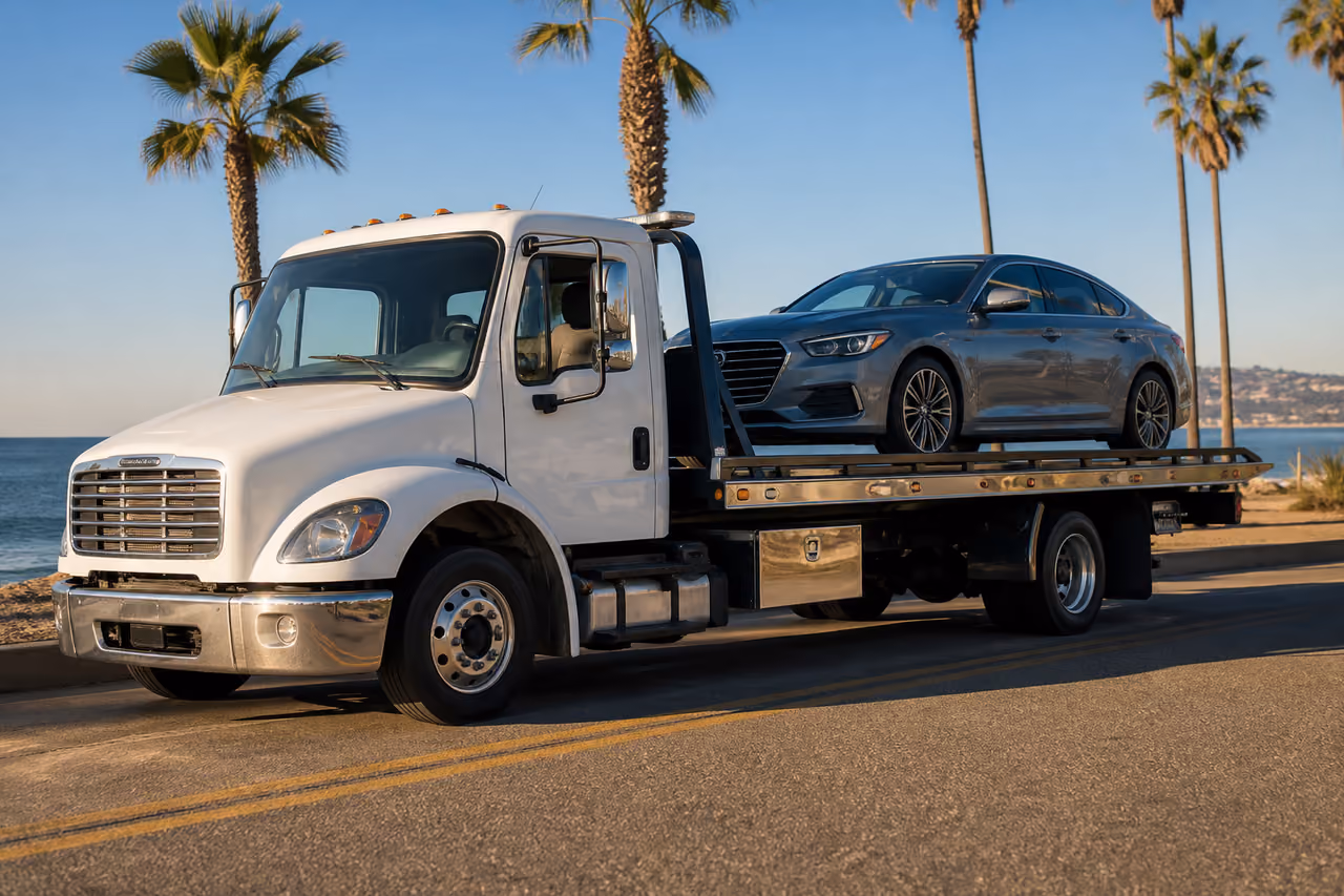 Flatbed Tow Truck Transporting Car Along San Diego Coast