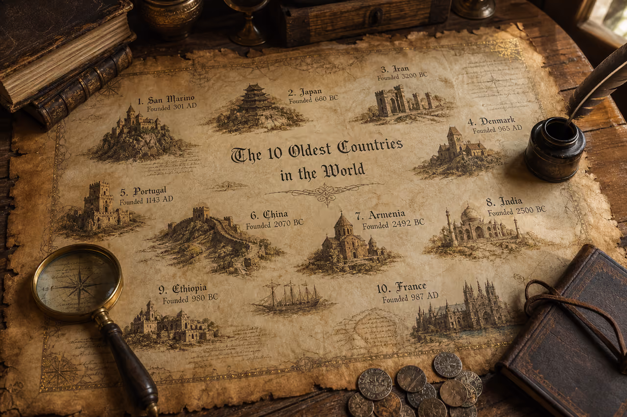 Vintage Map and Artifacts Representing Oldest Countries in the World