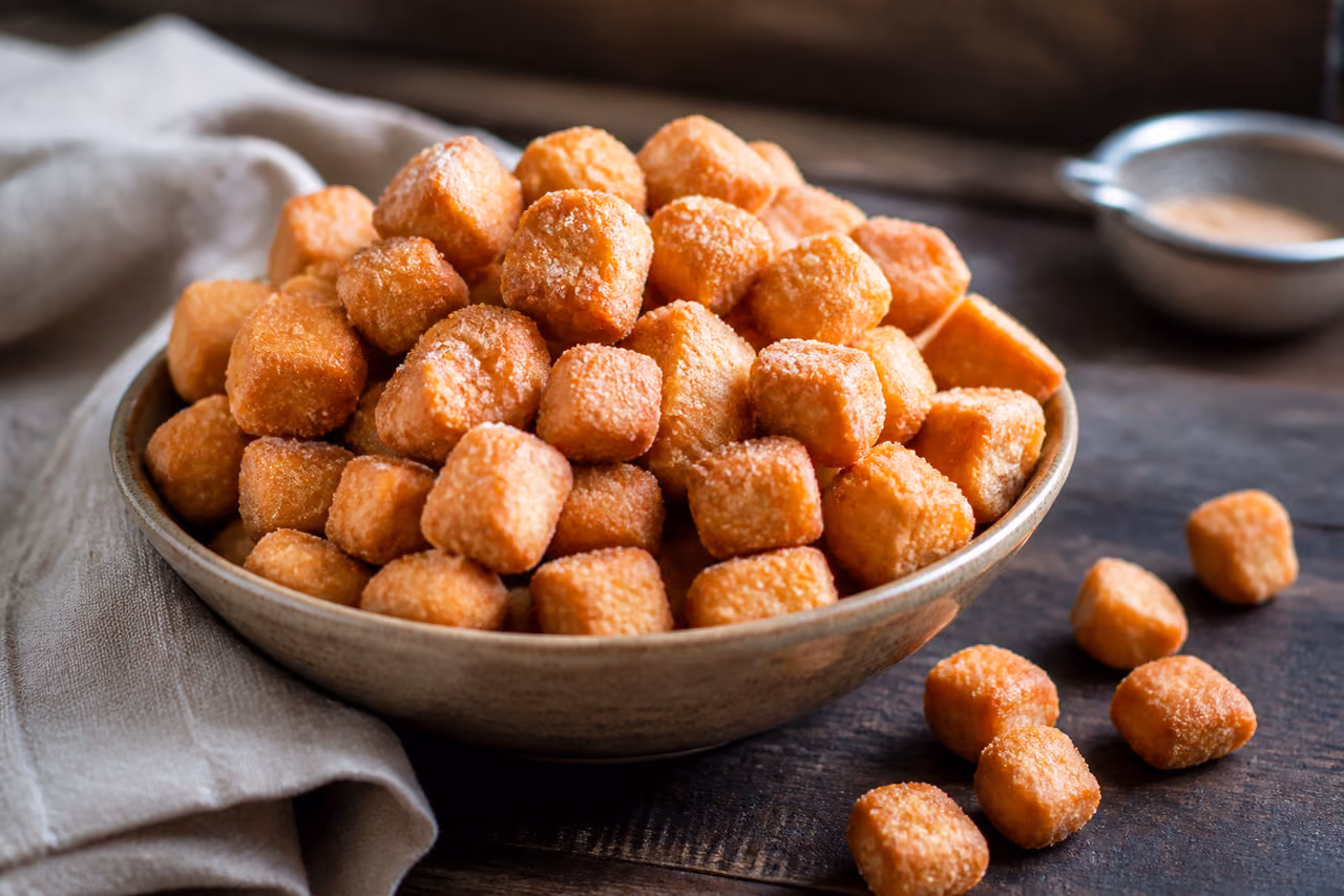 Bowl of Golden Brown Chin Chin on Wooden Table