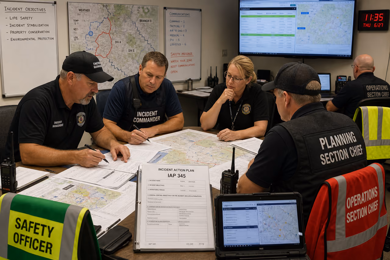 Emergency Management Team Reviewing Incident Action Plan Safety Forms