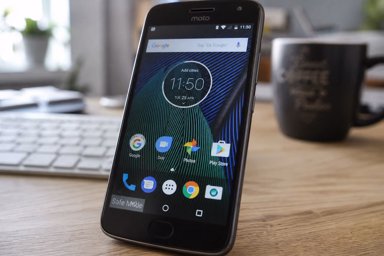 Moto G5 Plus Smartphone Displaying Safe Mode on Desk