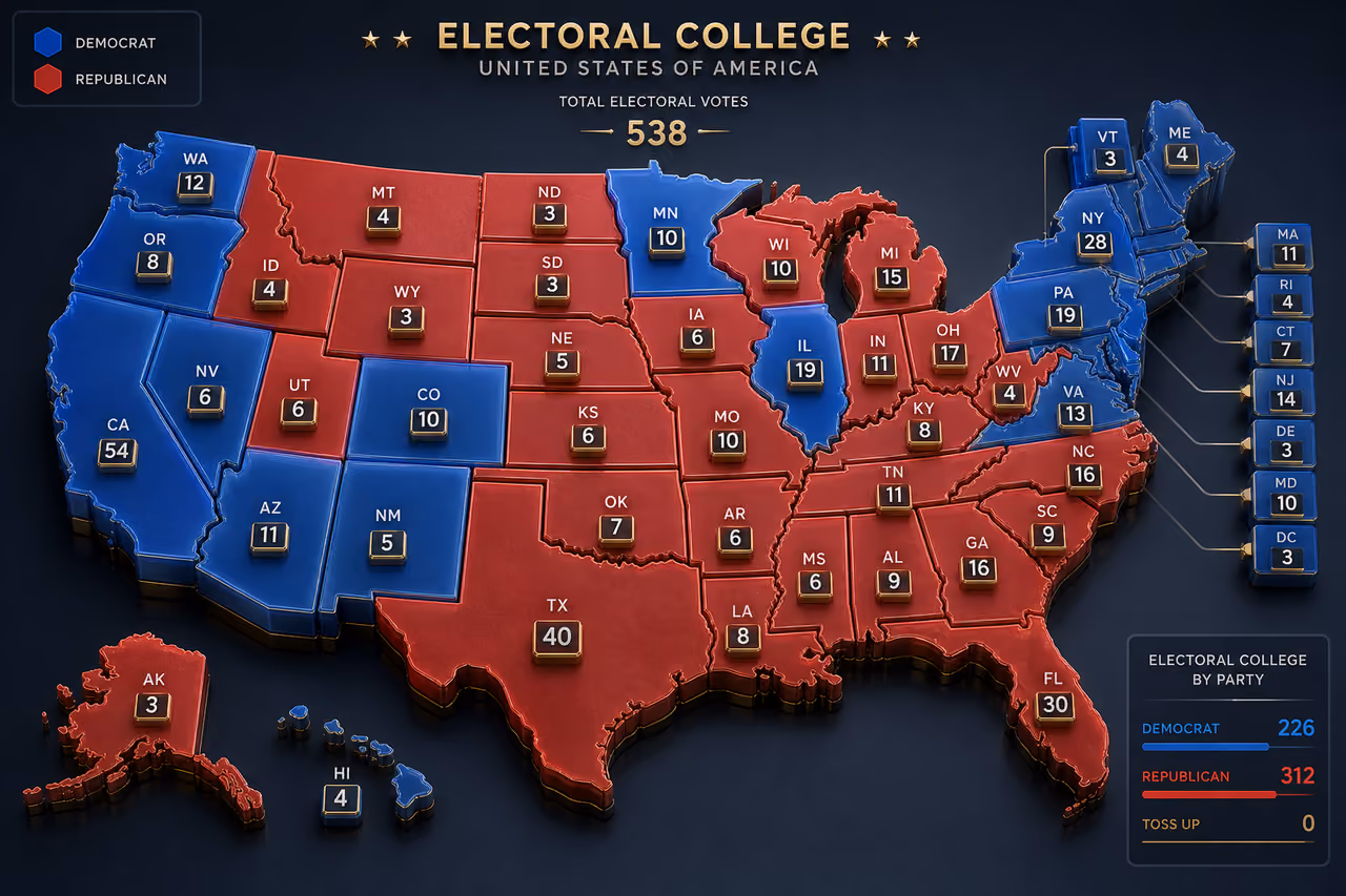 Three-Dimensional Data Visualization Map of United States Electoral College Votes