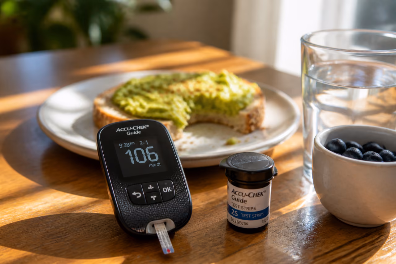 Digital Glucometer and Healthy Breakfast on Wooden Table