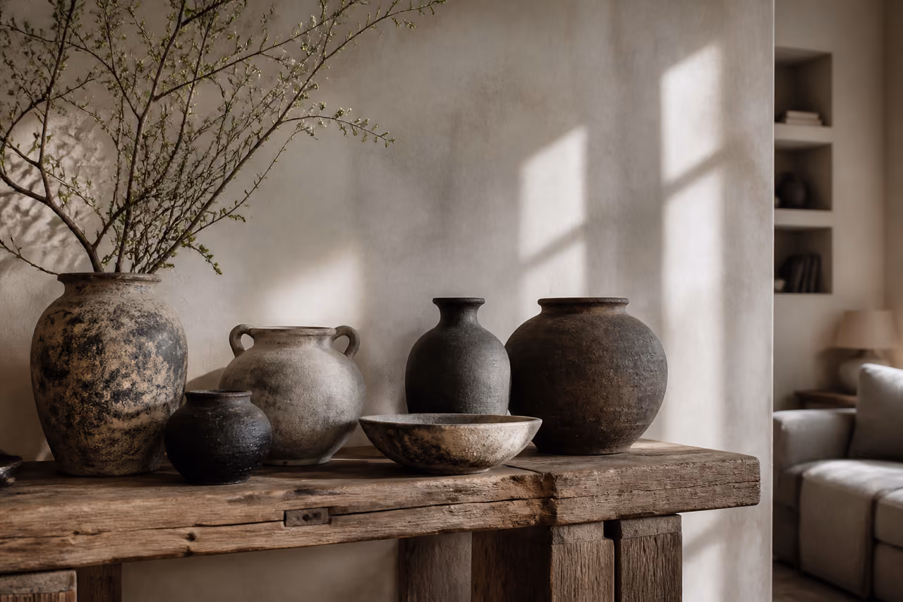 Weathered Rustic Decorative Vessels on a Reclaimed Wood Table